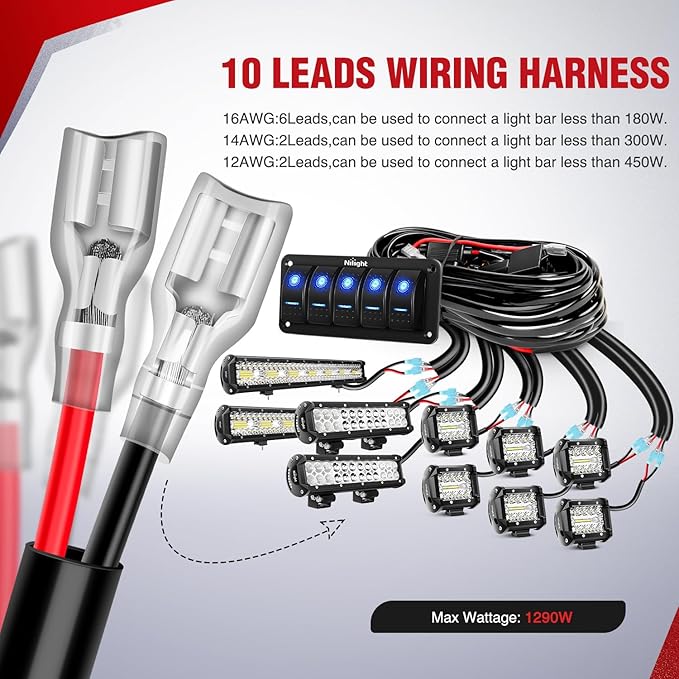Nilight 16AWG 14AWG 12AWG LED Light Bar Wiring Harness Kit 12V On/Off 5 Gang Rocker Switch Panel Power Relay Blade Fuse 5Pin Toggle Switches for Cars Boat ATV Trucks-10 Leads