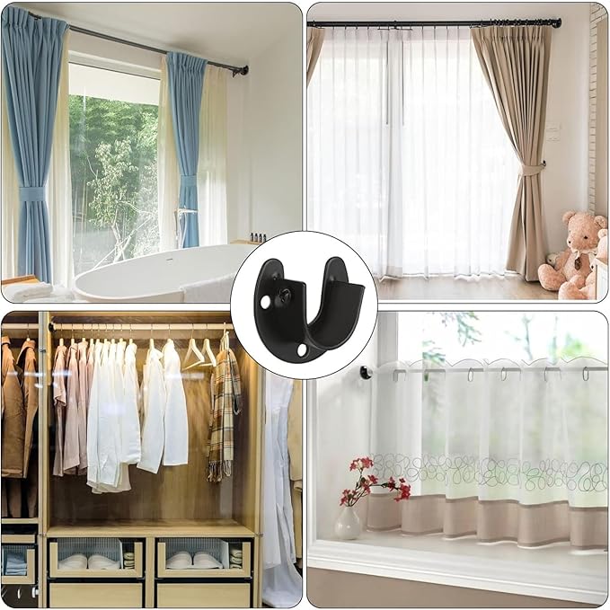 RHBLME 10PCS Stainless Steel Closet Rod Brackets Black, 1-1/4 Inch Diameter U-Shaped Closet Rod Holders, Heavy Duty Closet Ro