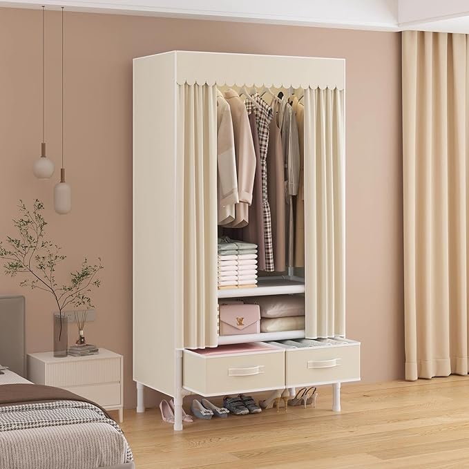 Portable Closet,Garment Rack,Heavy Duty Clothes Rack with Cover,Wardrobe Closet with 1 Hanging Rods, 2 Storage Shelves and 2 