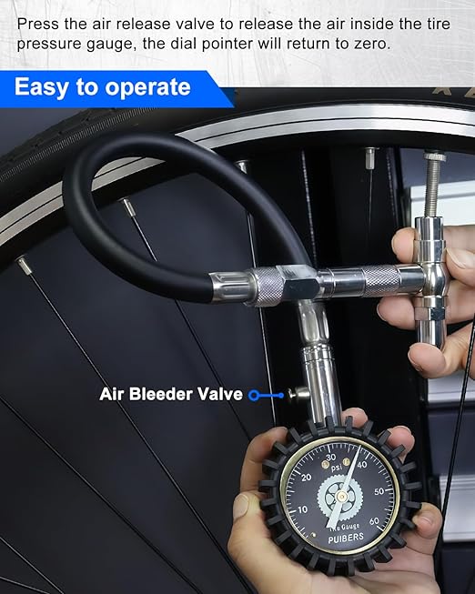 Schrader/Presta Motorcycle Tire Pressure Gauge 60 PSI， 2'' Dial Glow in Dark - Tire Air Pressure Gauge for Car, Motorbike, Bicycle,SUV,Truck Fits Schrader/Presta Valves