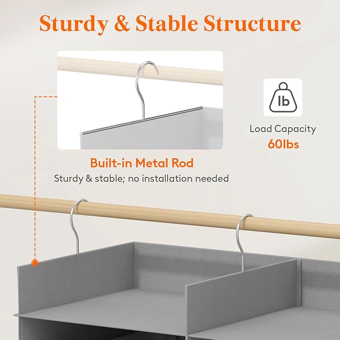 Lifewit Dual-Row Shelf Hanging Closet Organizer and Storage, Clothes Shelves with 3 Sturdy Hooks for Clothing Organization, F
