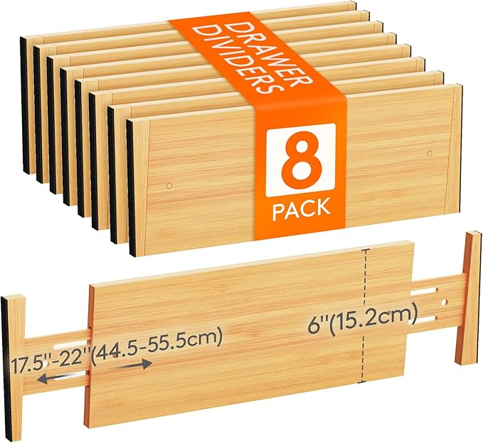 Lifewit 6" High 8 Pack Bamboo Drawer Dividers 45-55cm/17.5-22" Adjustable Wooden Drawer Organizer for Clothes/Utensils, Expan