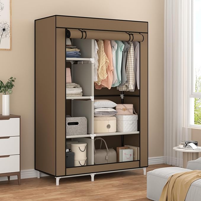 Calmootey Portable Closet Organizers, Clothing Storage, Wardrobe with 6 Shelves and Hanging Rod, Non-Woven Fabric Cover with 