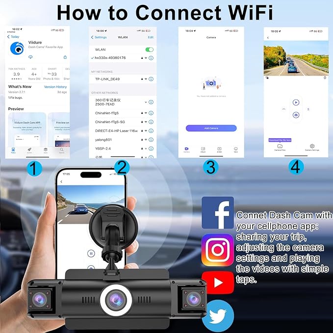 4 Channel 4K Dash Cam Front and Rear Inside, 360° View 1080P Dash Camera for Cars, Super Night Vision, Gravity Sensor, Loop R