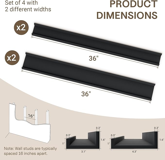 Fun Memories 36 Inch Floating Shelves for Wall - Wall Shelves with Lip Set of 4 - Nursery Bookshelf for Storage - Picture Led