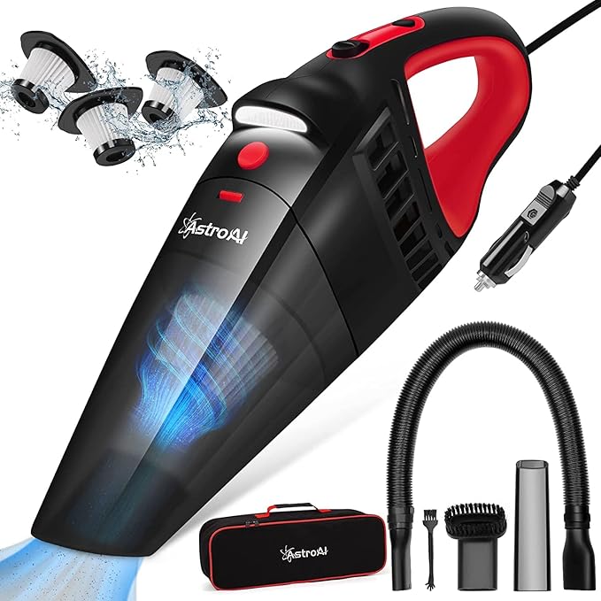 AstroAI Car Vacuum Cleaner, Portable Handheld Vacuum and Car Accessories, 16.4 Ft Cord-12V DC Power, LED Light, w/3 Attachmen