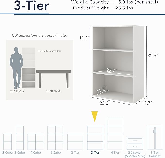 Homes: Inside + Out Apexa 3-Tier Cube Storage Organizer Shelves, Stackable Wood Bookcase Fits Cubby Bins for Organization, Do