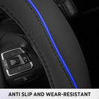 Road Comforts Leather Steering Wheel Cover with Decorative Trim and Piping, Anti-Slip Breathable Design, Fits 14.5–15 Inch Ro