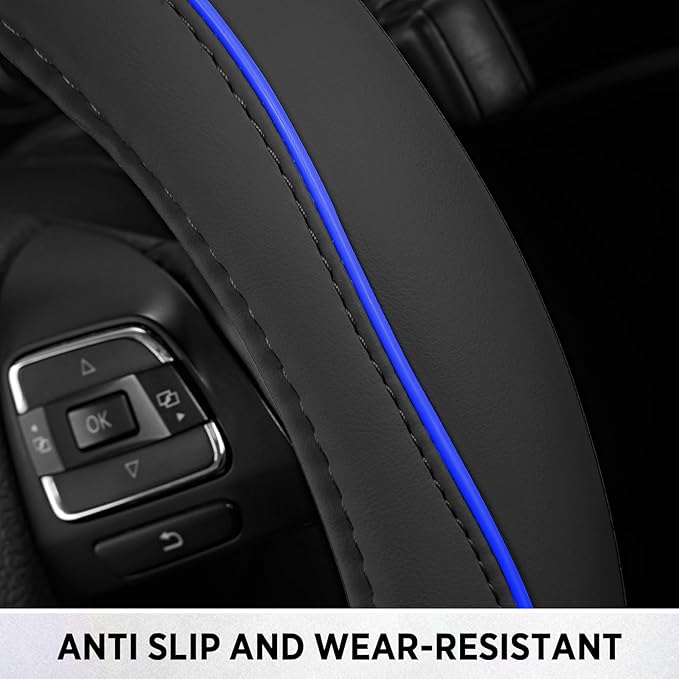 Road Comforts Leather Steering Wheel Cover with Decorative Trim and Piping, Anti-Slip Breathable Design, Fits 14.5–15 Inch Ro