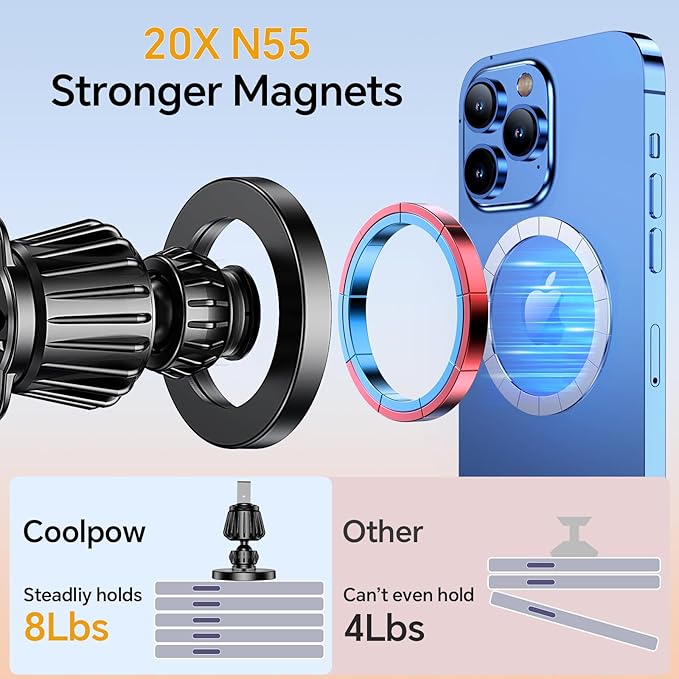 Coolpow for MagSafe Car Mount【Windshield+Vent+Dash】Magnetic Phone Holder for Car Phone Holder Mount Cell Phone Holders for Your Car Accessories Suction Phone Mount for Car Truck Stand for iPhone 17 16