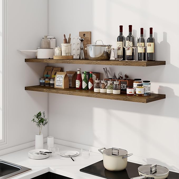 Dreamland 55" Floating Shelves for Wall, 12" Deep Slim Rustic Brown Floating Shelves, Wall-Mounted Shelves for Bedroom, Livin