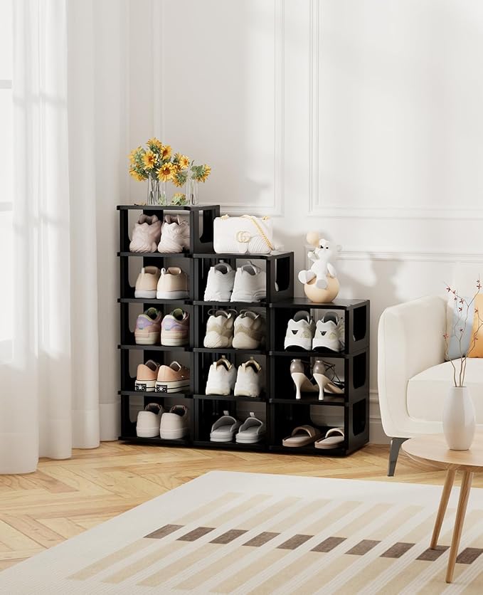 HAIXIN Shoe Organizer Rack for Small Spaces 5 Tier Plastic Vertical Narrow Shelves for Closet Black Shoe Holder, Stand for En