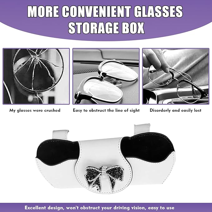 Bling Car Sunglass Holder, Rhinestone Bow Visor Storage Case for Sunglass Receipt Ornament, Soft Lining Anti-scratch Holder Clip, Interior Organizer Accessory for Cars (White)
