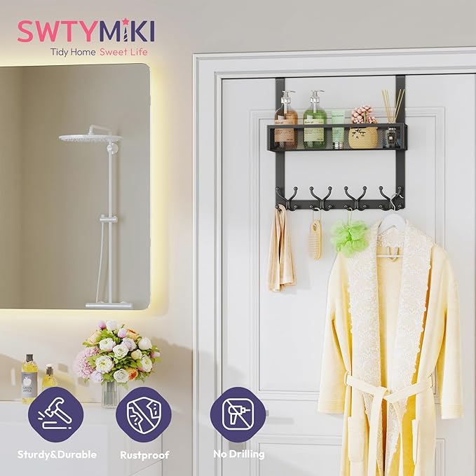 SWTYMIKI Over The Door Hook with 16 Hooks & Mesh Baskets - Heavy Duty Over The Door Organizer Hanger for Towels, Coats, Cloth