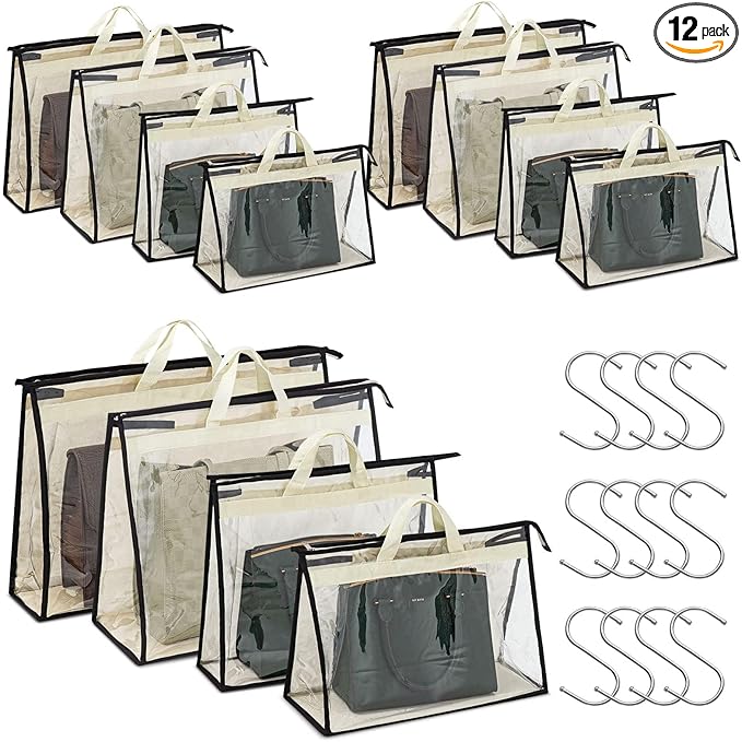 Interesse 12 Packs Dust Bags for Handbags, Clear Handbag Storage, Purse Storage Organizer for Closet, Purse Cover Hanging Clo
