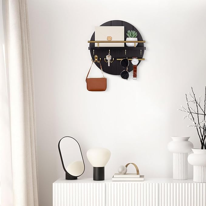 Nekon Wall Mount Key Holder, 11.8 Inch Rack With Shelf and 6 Hooks, Rustic Mail Organizer, Circular Wooden Hanger for Entrywa