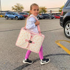 MENZOKE Kids Travel Tray for Toddler Car Seat, Toddler Travel Activities for Girl with iPad Holder Stand & Storage Pockets, Road Trip Essentials Accessories Lap Tray as Birthday Gift, Beige & Pink