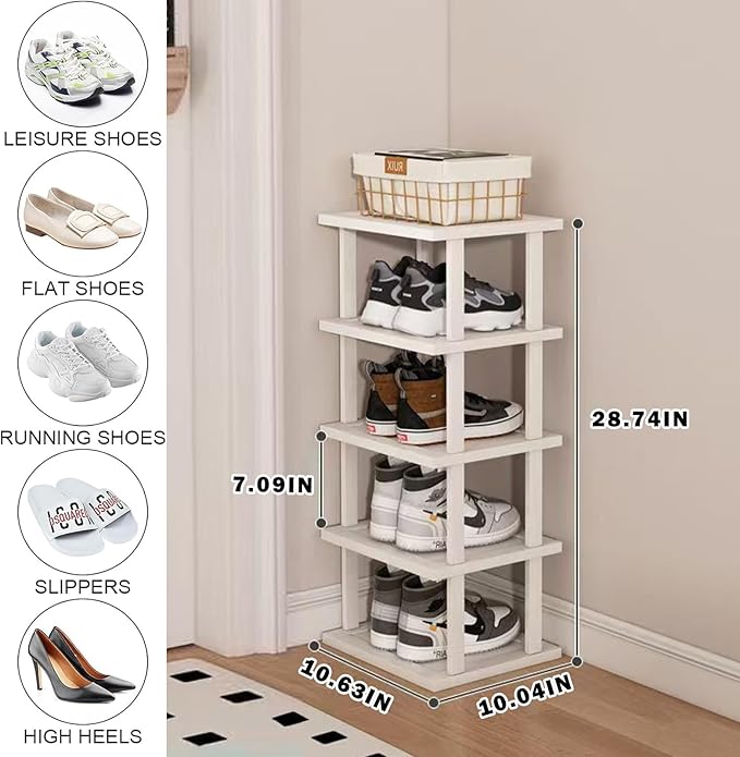 SAN HE Bamboo Shoe Rack 5Tier- Vertical White Shoe Rack for Small Spaces, Tall Narrow Shoe Rack Organizer for Closet Entryway