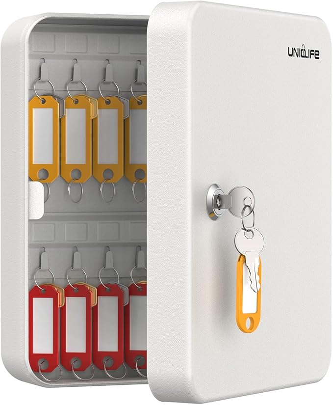 Uniclife 28 Position Key Cabinet with Key Lock Wall Mounted White Security Storage Box Steel Key Organizer with Colorful Key 