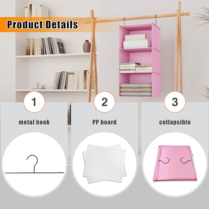 Hanging Closet Organizer and Storage 3-Shelf, Easy Mount Foldable Hanging Closet Wardrobe Storage Shelves, Clothes Handbag Sh