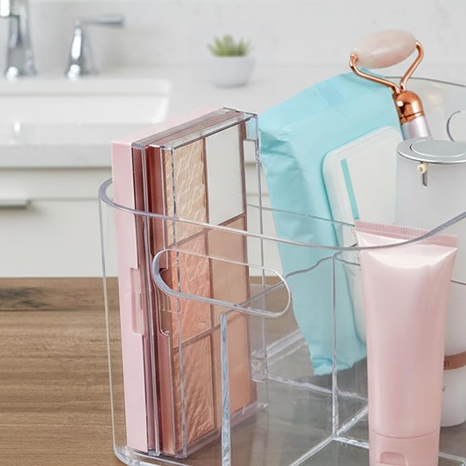 STORi Bliss 5-Compartment Plastic Cosmetics Storage Organizer | Clear | Rectangular Divided Makeup Bin & Vanity Caddy with Pa