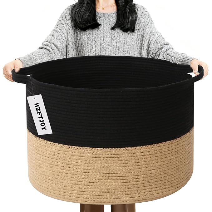 90L Large Blanket Basket, 21.7"x 21.7"x 13.8" Rope Woven Storage Basket with Handles, Laundry Hamper for Toys, Clothes, Pillo