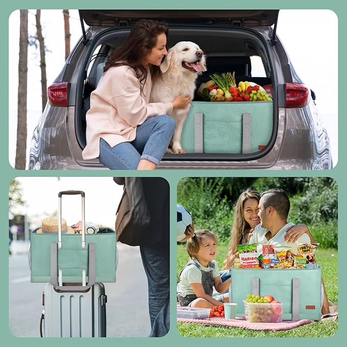 MHOMER Reusable Upright Grocery Bags Extra Waterproof Large Tote Bag with Carrying Handles Reinforced Bottom and Side Durable Oxford Fabric Foldable Shopping Bags Light Green