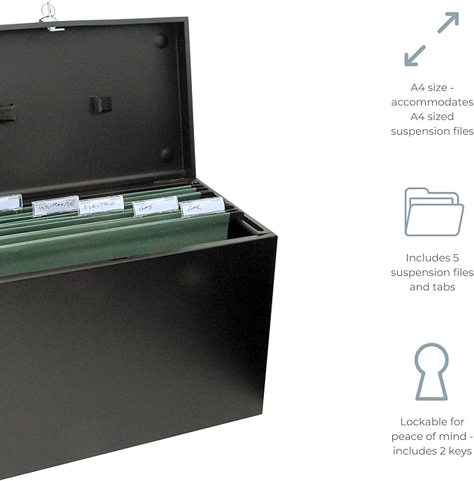 Cathedral Products A4 Steel File Box with Starter Pack of 5 Suspension Files - Black