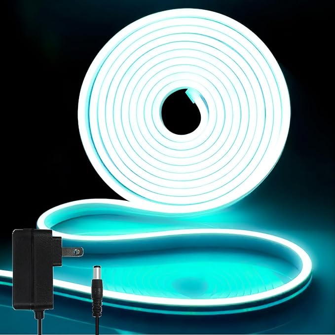 iNextStation 12V Ice Blue LED Strip Lights 16.4FT, Flexible Silicone Neon Rope Light with Power Adapter, Waterproof, Cuttable, Dimmable & Linkable, LED Lights Strip for Bedroom, Kitchen(with Plug)