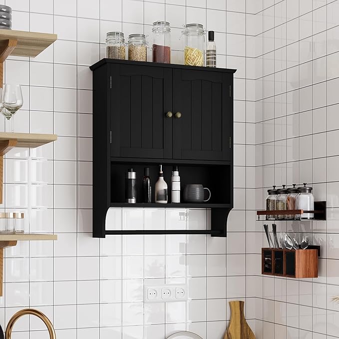 Smuxee Black Bathroom Cabinet Wall Mounted with Towels Bar, Medicine Cabinet with 2 Door Adjustable Shelves, Over Toilet Cabi