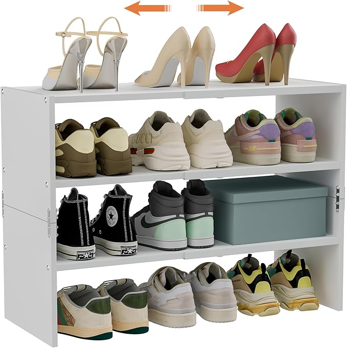 White Shoe Rack Organizer for Closet, 3-Tier Expandable Shoe Shelf, Stackable Iron Wood Combination Shoe Racks Shelves for Cl