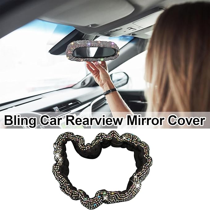 Bling Car Rearview Mirror Cover with Crystal Rhinestones Women's Full Drill Head Pillow Cover Interior Accessories - Universal Fit, Multicolor