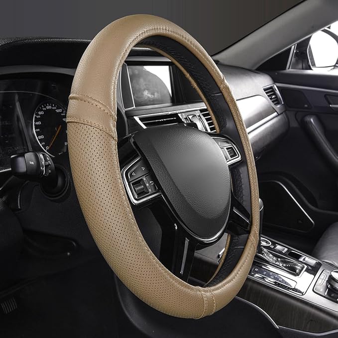 Car Pass Classical Leather Automotive Universal Steering Wheel Covers,Universal Fit for Suvs,Trucks,Sedans,Cars,Vans,14.5-15i