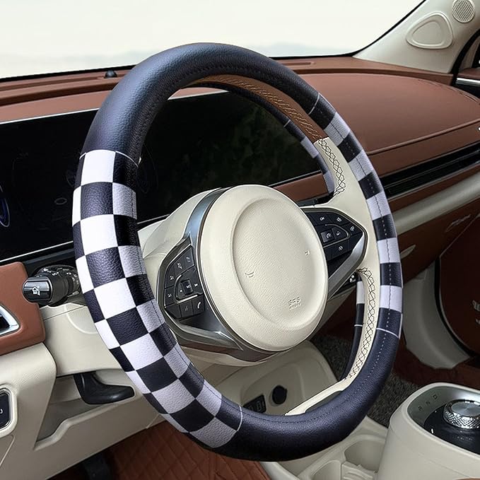 Dotesy Lattice Car Steering Wheel Cover Microfiber Leather Non-Slip Comfort Universal 15 inch Checkered Plaid Wheel Protector