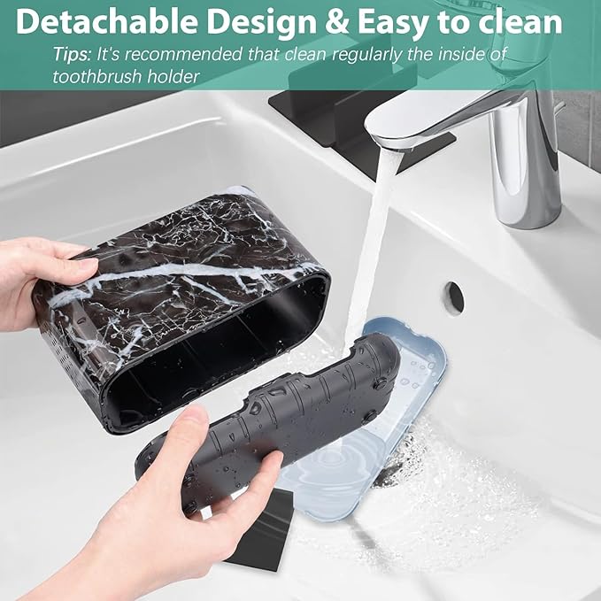Boperzi Black Toothbrush Holder for Bathroom Toothpaste Organizer Countertop, Detachable Anti-Slip Marble Toothpaste Storage 