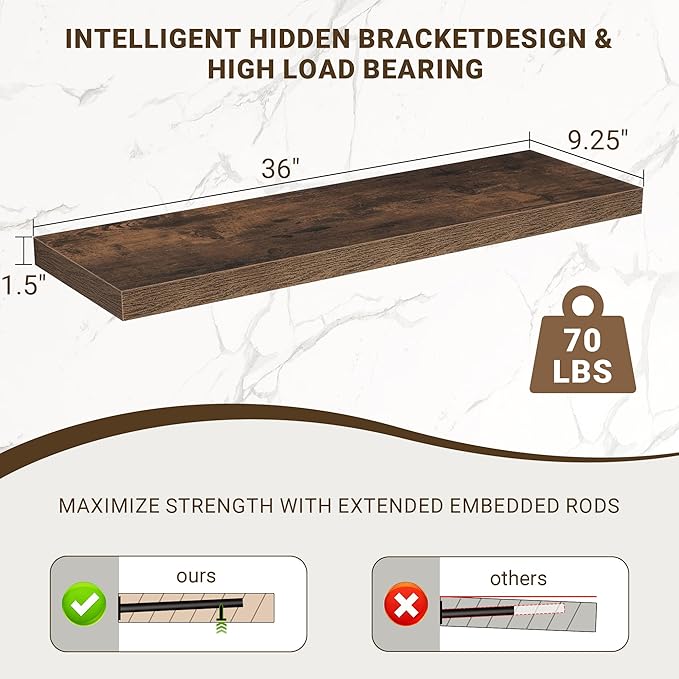 36 Inch Floating Shelves, 36"x9.25"x1.5" Inch Deep Floating Shelves for Wall, Wooden Shelves for Bathroom, Bedroom, Living Ro