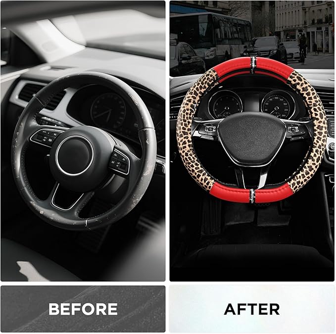 Road Comforts Leopard Steering Wheel Cover for Women, Cute Anti-Slip Microfiber Leather, Fits D Shape Flat Bottom Steering Wh