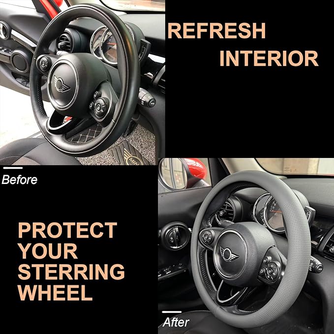 PINCTROT Large Size Nappa Leather Steering Wheel Cover, Slim Fit No Bulk Design, One Piece Leather with Breathable Perforatio