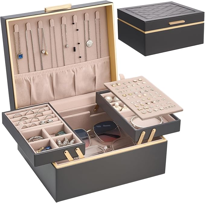 Lolalet Jewelry Box Organizer for Women Girls, 2 Layer Jewelry Organizers and Storage for Necklace Earrings Rings Bracelets, 
