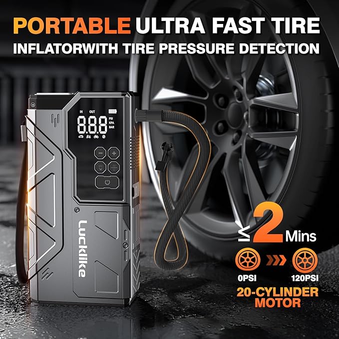 Lucklike W210 Jump Starter with Air Compressor 150 PSI, 12V 6000A Peak Lithium Car Battery Jump Starter for All Gas and