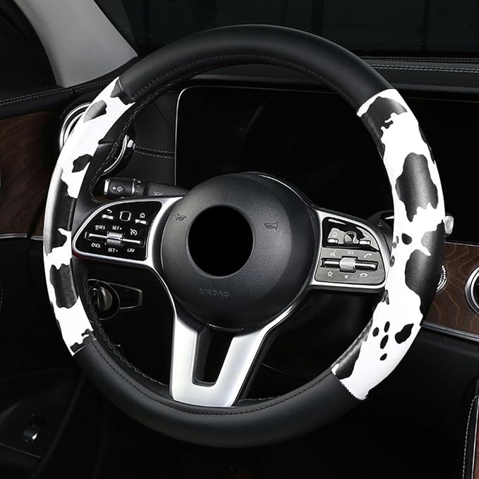Dotesy Leather Cow Pattern Steering Wheel Cover Protector Cow Print Car Accessories Anti Slip Universal for 36.5-38cm (Black 
