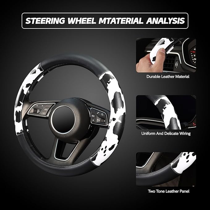 Cow Print Steering Wheel Cover, Universal 14.5-15 inch Breathable Microfiber Leather Anti-Slip Car Steering Wheel Protector f