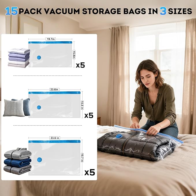 Mapambo Travel Vacuum Bags with -4000Pa Electric pump, 15 Pack Vacuum Seal Bags for Clothing Travel in 3 Combo sizes, Space S