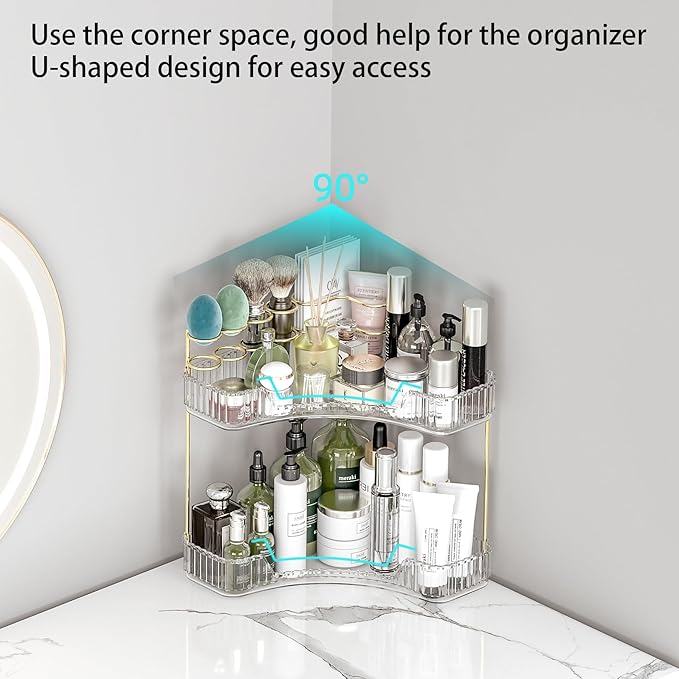 Makeup Organizer Countertop 2 Tier, Corner Bathroom Countertop Organizer with Toothbrush and Makeup Brush Holder, Corner Vani