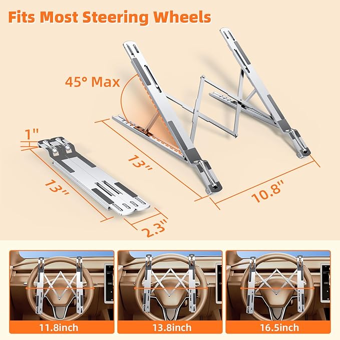 Foldable Car Laptop Holder, Adjustable Car Laptop Mount for Steering Wheel Tray Holder, Metal Notebook stand| Car Reading Stand | Car Tablet Holder, Multipurpose Travel Car Accessories-Silver