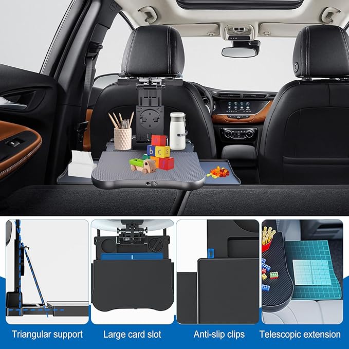 Car Steering Wheel Desk & Back Seat Headrest Table Travel Car Accessories, Height Adjustable for Food Drink and Writing Laptop Work.
