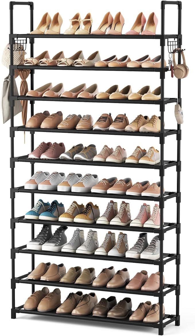 VTRIN 10 Tier Shoe Rack Tall Large Capacity Wide Shoe Organizer with Two Hooks Sturdy Metal Shoe Shelf for Entryway, Closet, 