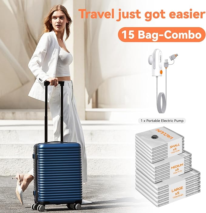 Vacuum Bags for Travel with USB & TYPE C Pump, Vacuum Seal Travel Bags, 15 Pack Carry-On Vacuum Storage Bags for Luggage & Su