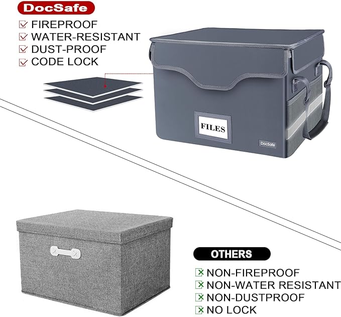 DocSafe Fireproof Document Box with Lock,File Storage Organizer with Zipper Pockets,Collapsible Portable File Box Home Office