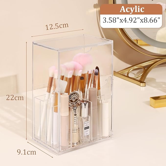 Acrylic Makeup Brush Holder with Slanted Flip-Top Lid - Clear Dustproof Cosmetic Make up Brush Organizer and Storage Box - La